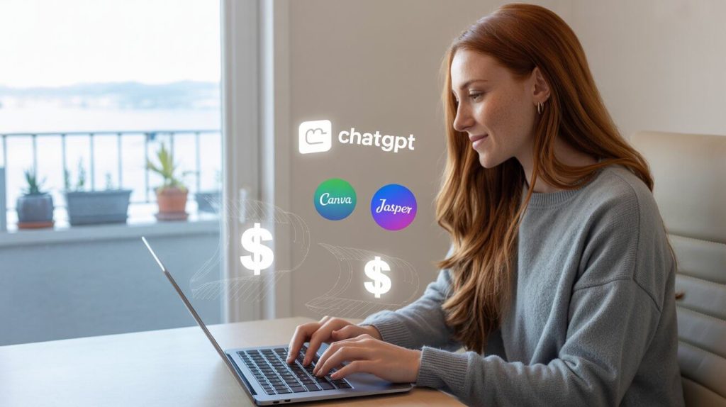 Freelancer using AI tools like ChatGPT and Canva to make money from home