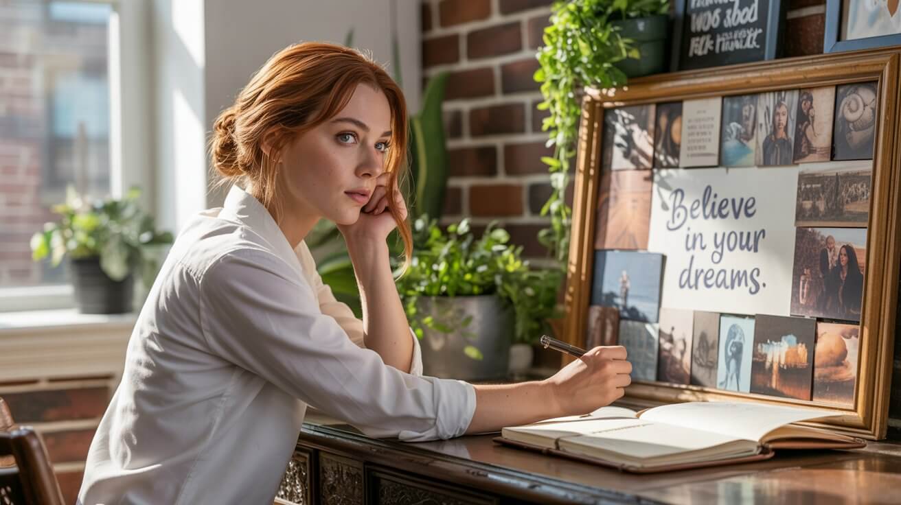 A young woman journaling with a vision board in front of her.