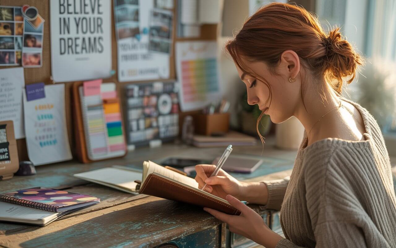 Person planning goals at sunrise with journal and vision board