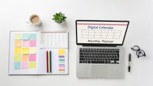 Organized workspace with planner, calendar, and notes