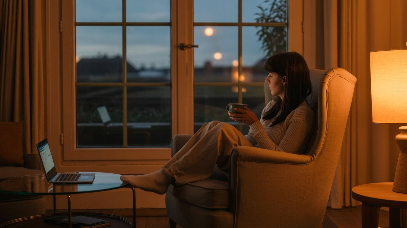 A calm evening scene with a person sipping tea near a window, bathed in warm light.