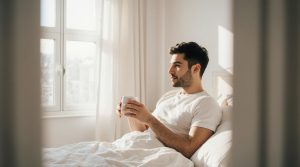A relaxed man starting his morning after a smooth wake-up.