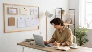 Focused person working with task board and laptop in a minimalist workspace