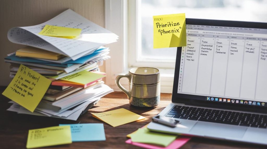 A messy desk with sticky notes transforming into a clean digital Todoist workspace on a laptop.