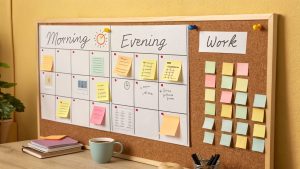 Flexible personal routine board with handwritten notes and routines