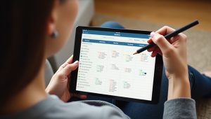 Person using Notion app on a tablet to organize habits and tasks.