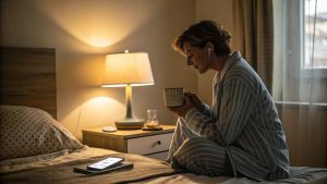 A person sits quietly in a softly lit bedroom, disconnecting for the night.