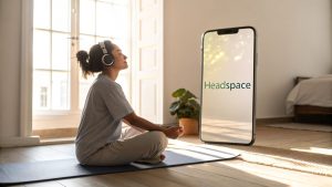 Person meditating with Headspace app open on the phone in a calm room.