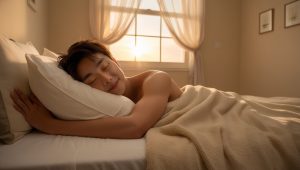 Person waking up naturally with morning sunlight, calm and phone-free