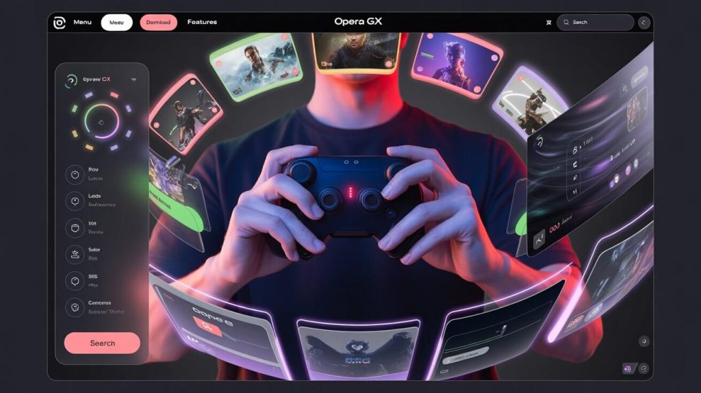 Gamer switching from Chrome to Opera GX browser with a neon cyberpunk interface